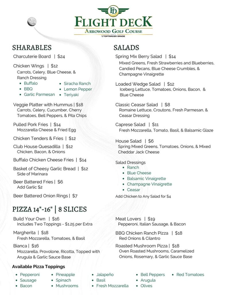 Flight Deck Menu Arrowood Golf Course